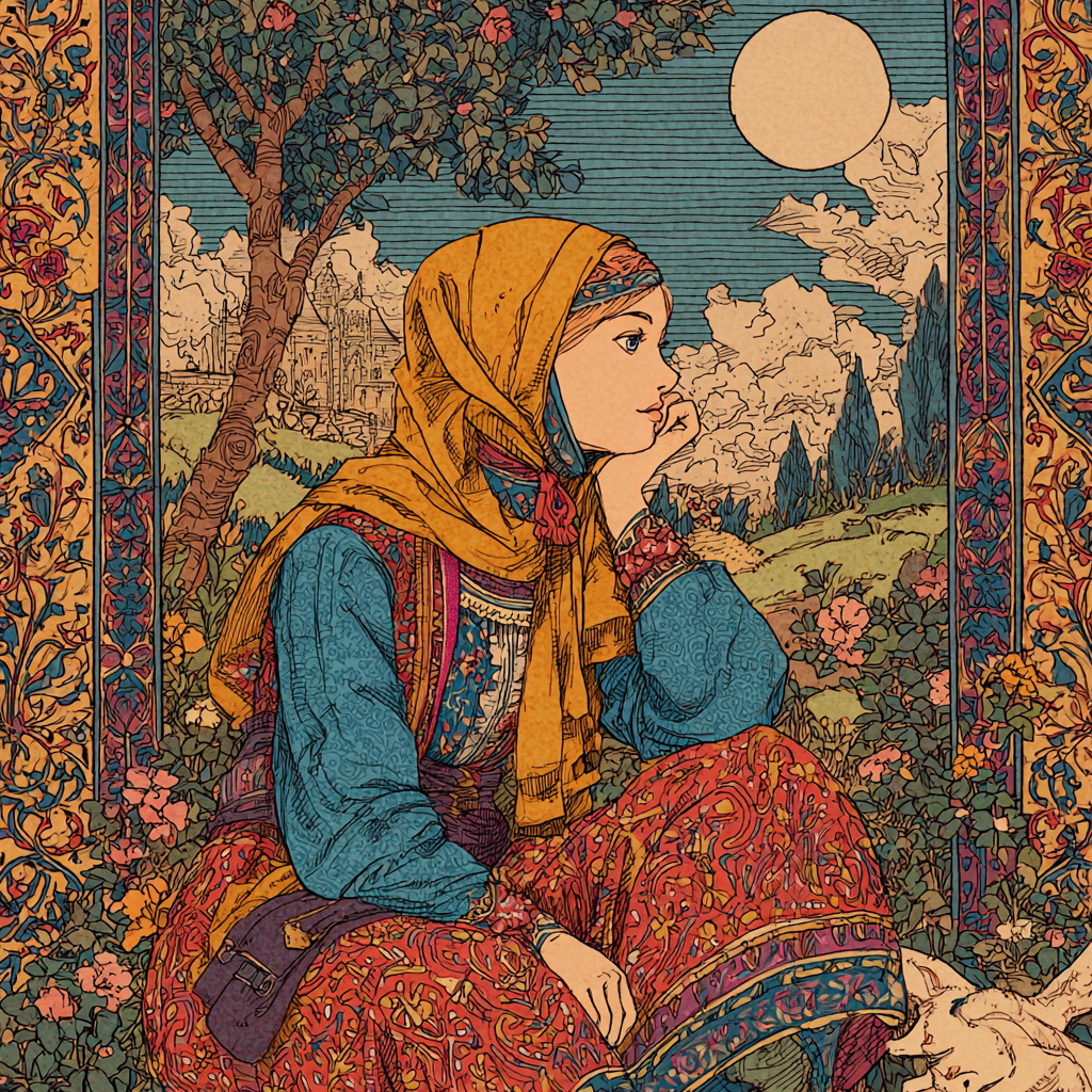 beglue dentinoblast slopeness flaxwoman in the style of persian-miniature